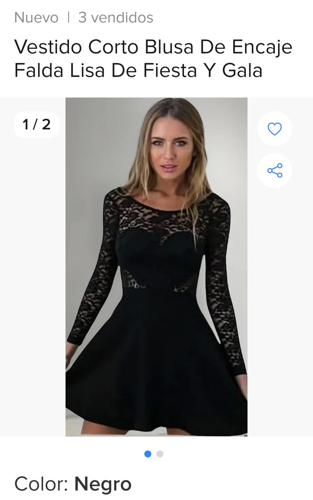 Vestido Corto Blusa De Encaje Falda Lisa De Fiesta y Gala Color Negro Talla S